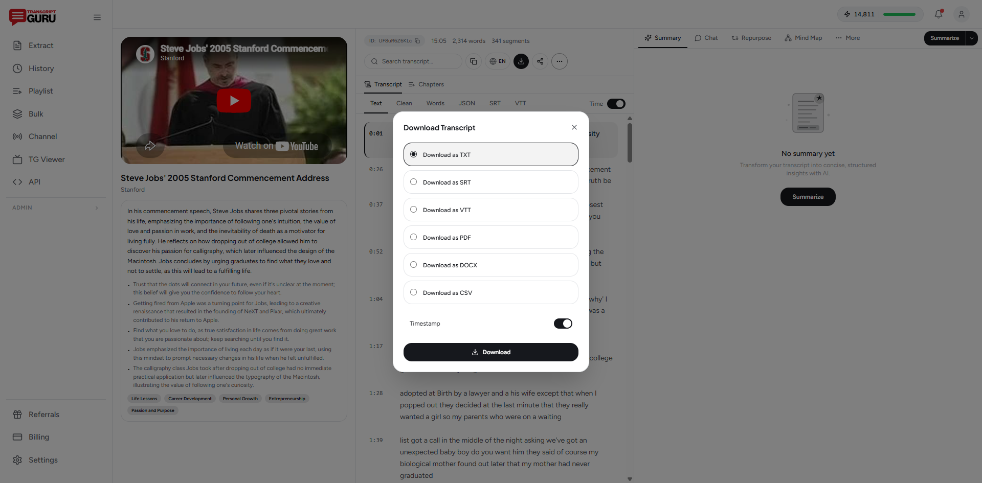 Exporting study notes from a YouTube transcript as TXT, PDF, or DOCX in Transcript Guru