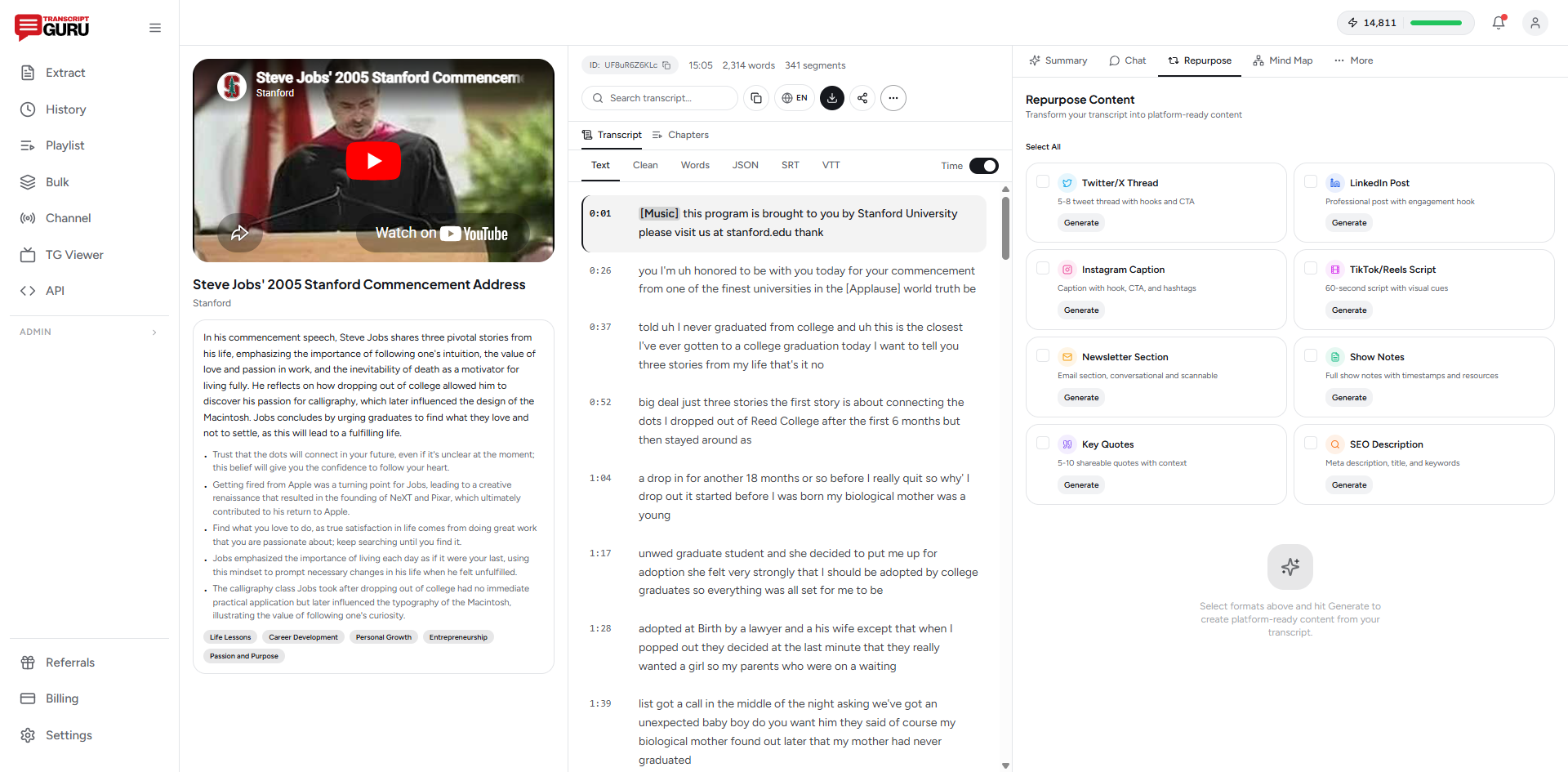 Transcript Guru Repurpose tab - generate Twitter threads, LinkedIn posts, show notes, and more in one click