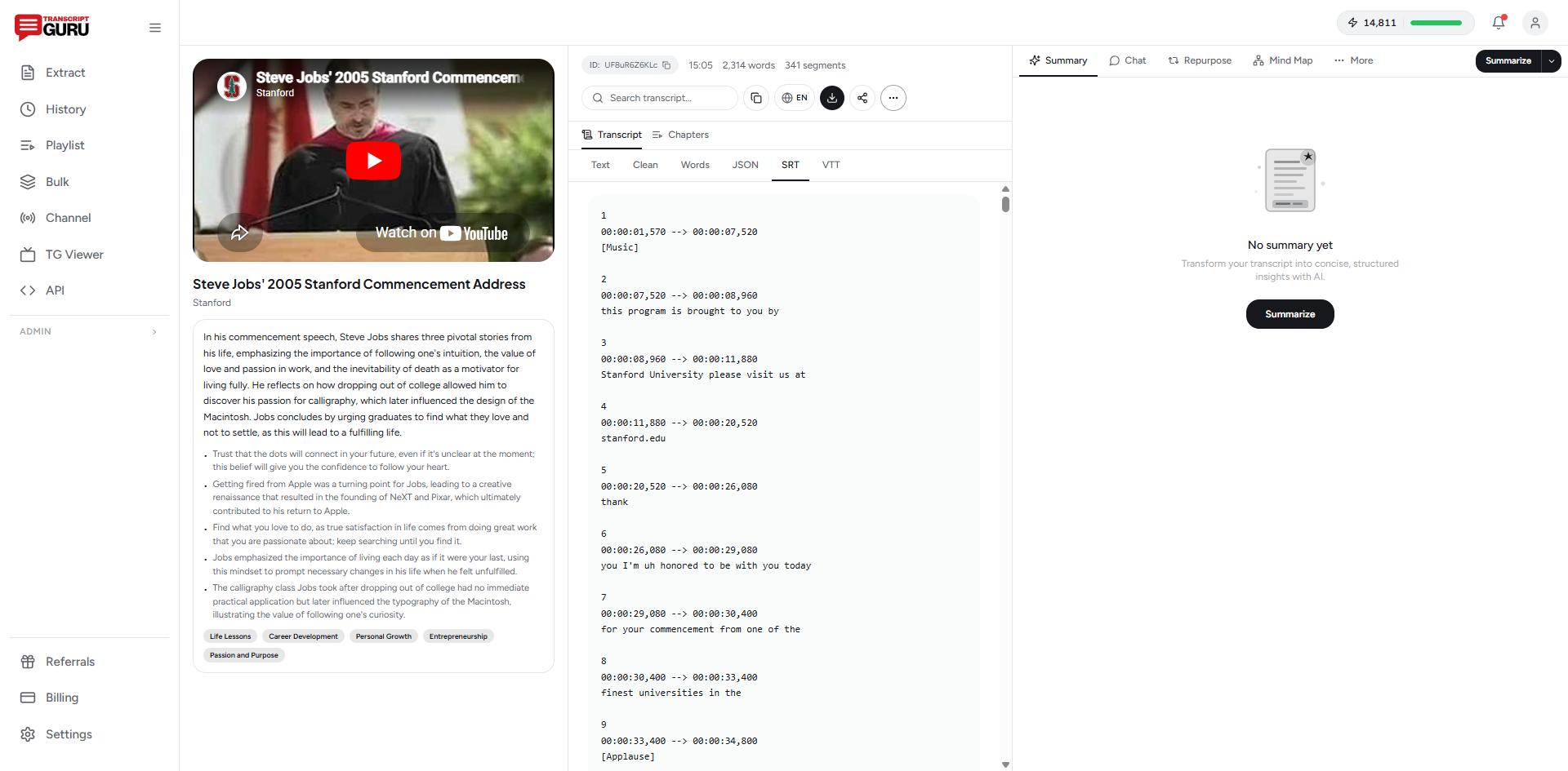 Exporting translated subtitles as an SRT file with timing preserved in Transcript Guru