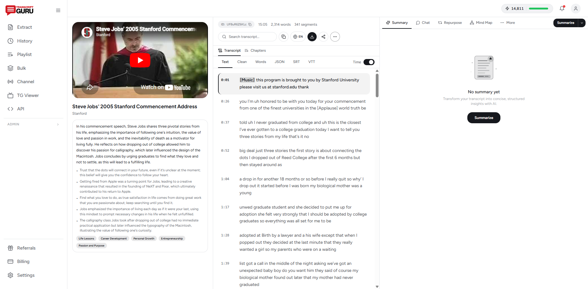 Transcript Guru - full transcript viewer with video, timestamps, and AI features