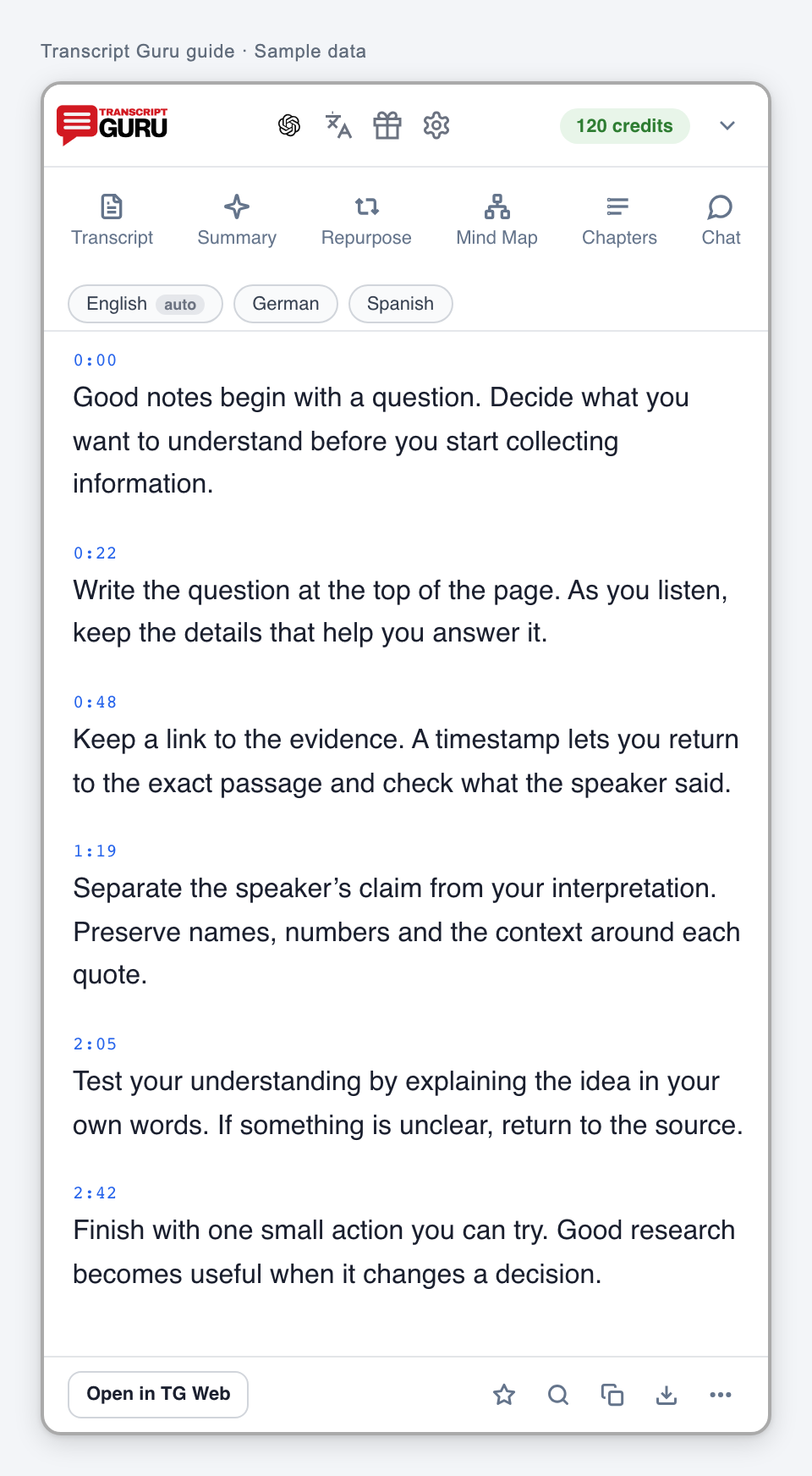 Read a transcript and choose a caption language. Current extension interface using sample data.