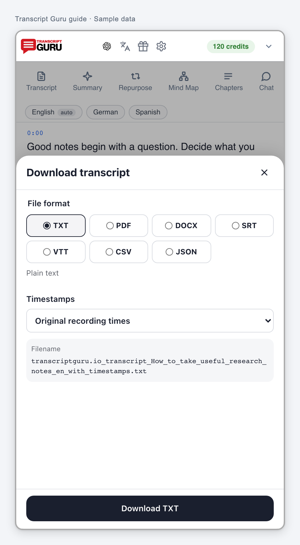 Choose a transcript download format. Current extension interface using sample data.