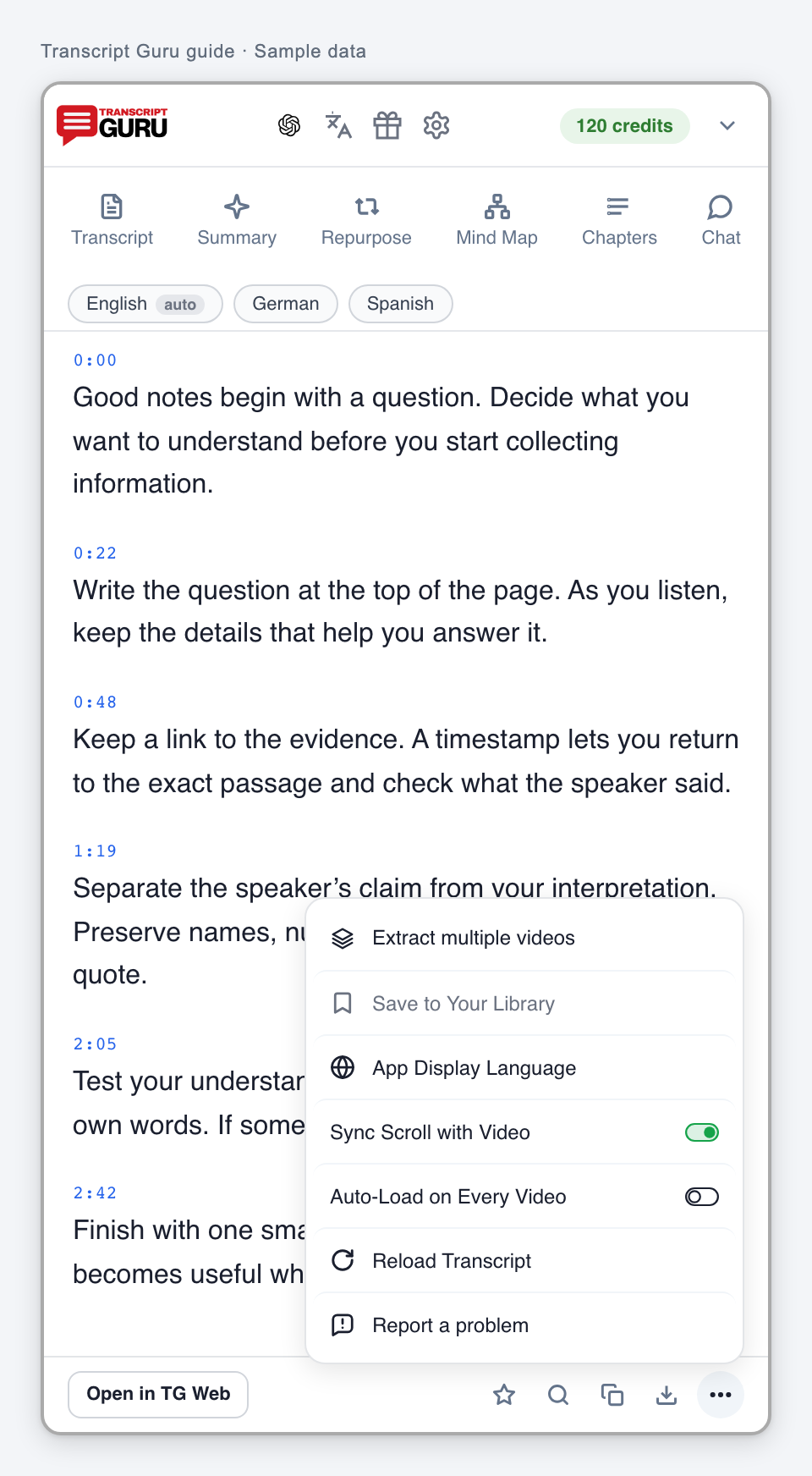 Save a transcript and control your reading. Current extension interface using sample data.