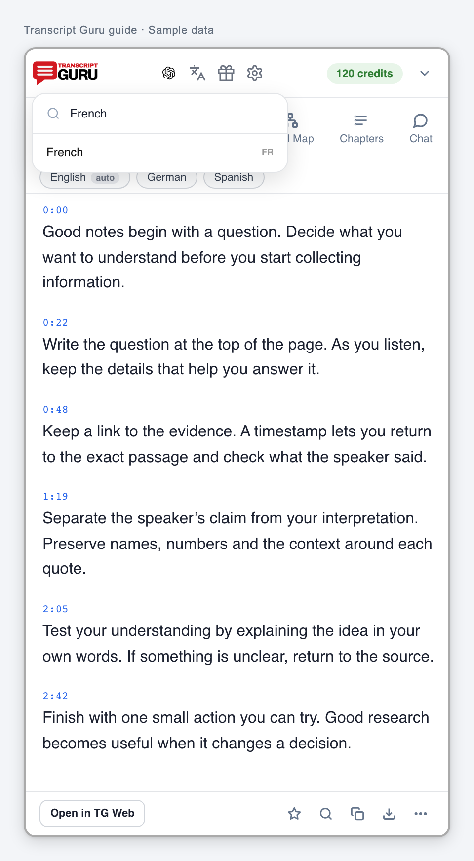 Find a language for translation. Current extension interface using sample data.