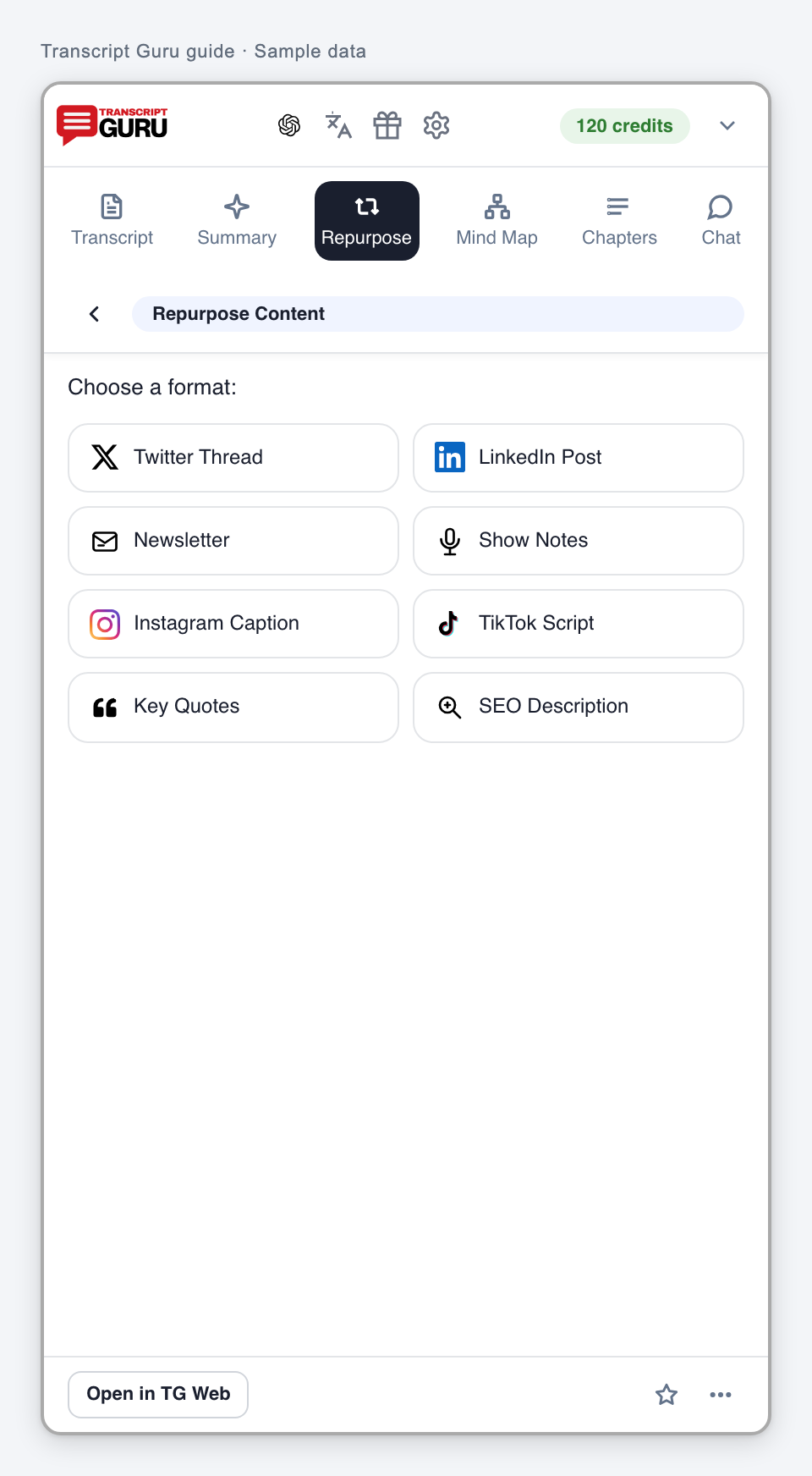 Choose a content format. Current extension interface using sample data.