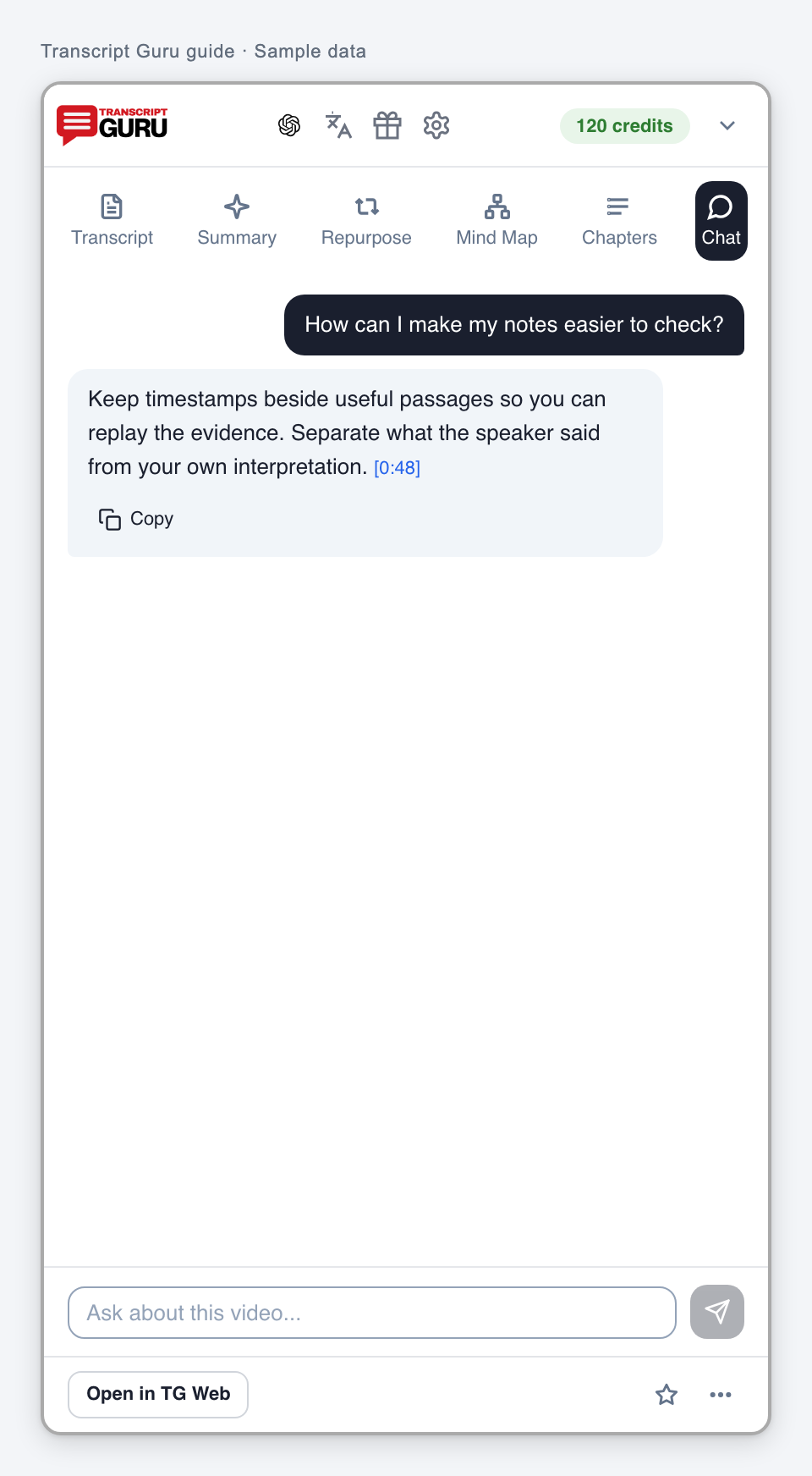 Ask a question about the video. Current extension interface using sample data.