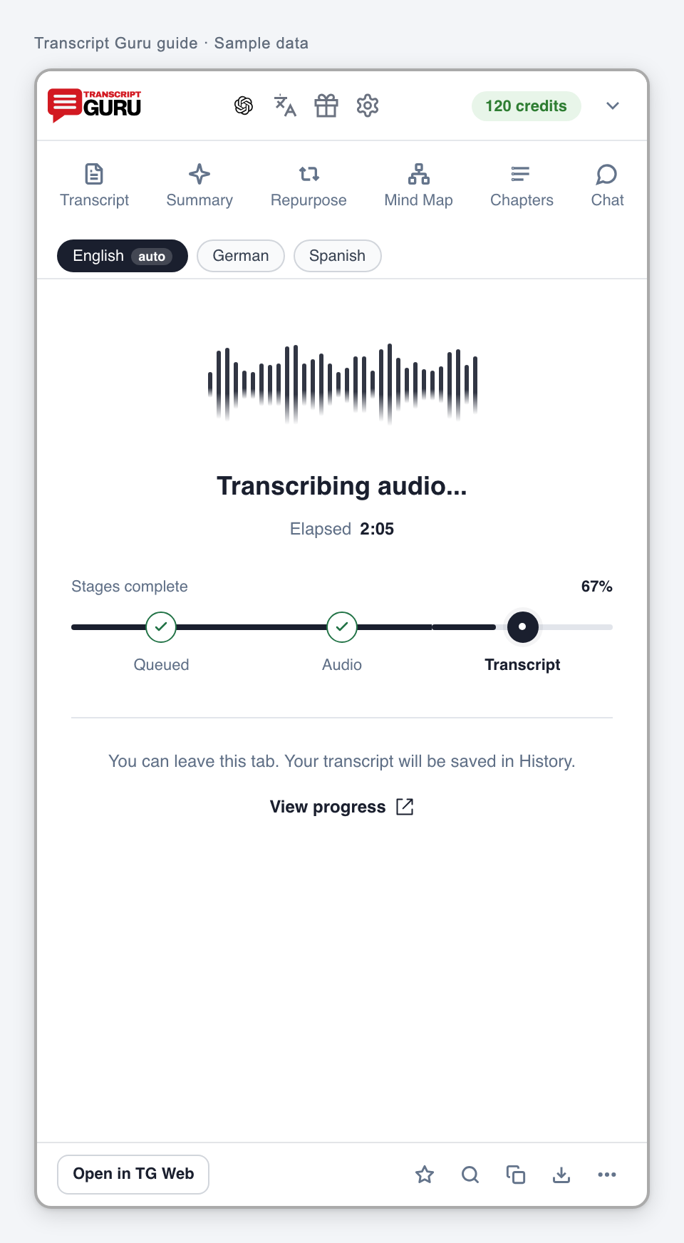 Follow transcription progress. Current extension interface using sample data.