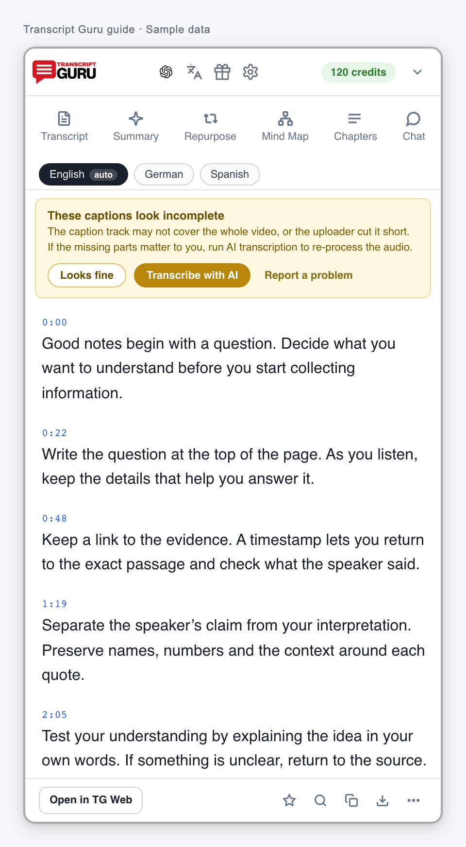 Review incomplete captions. Current extension interface using sample data.