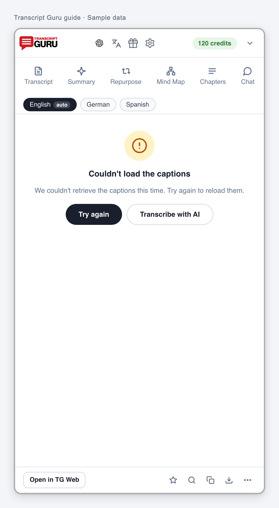 Retry a caption retrieval problem. Current extension interface using sample data.