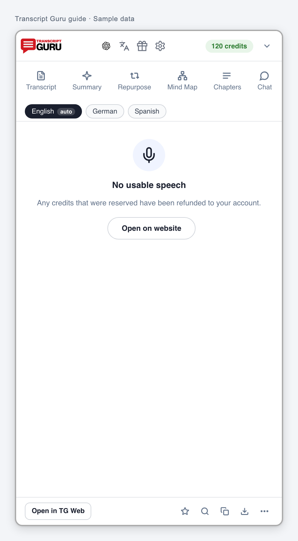 A recording with no usable speech. Current extension interface using sample data.
