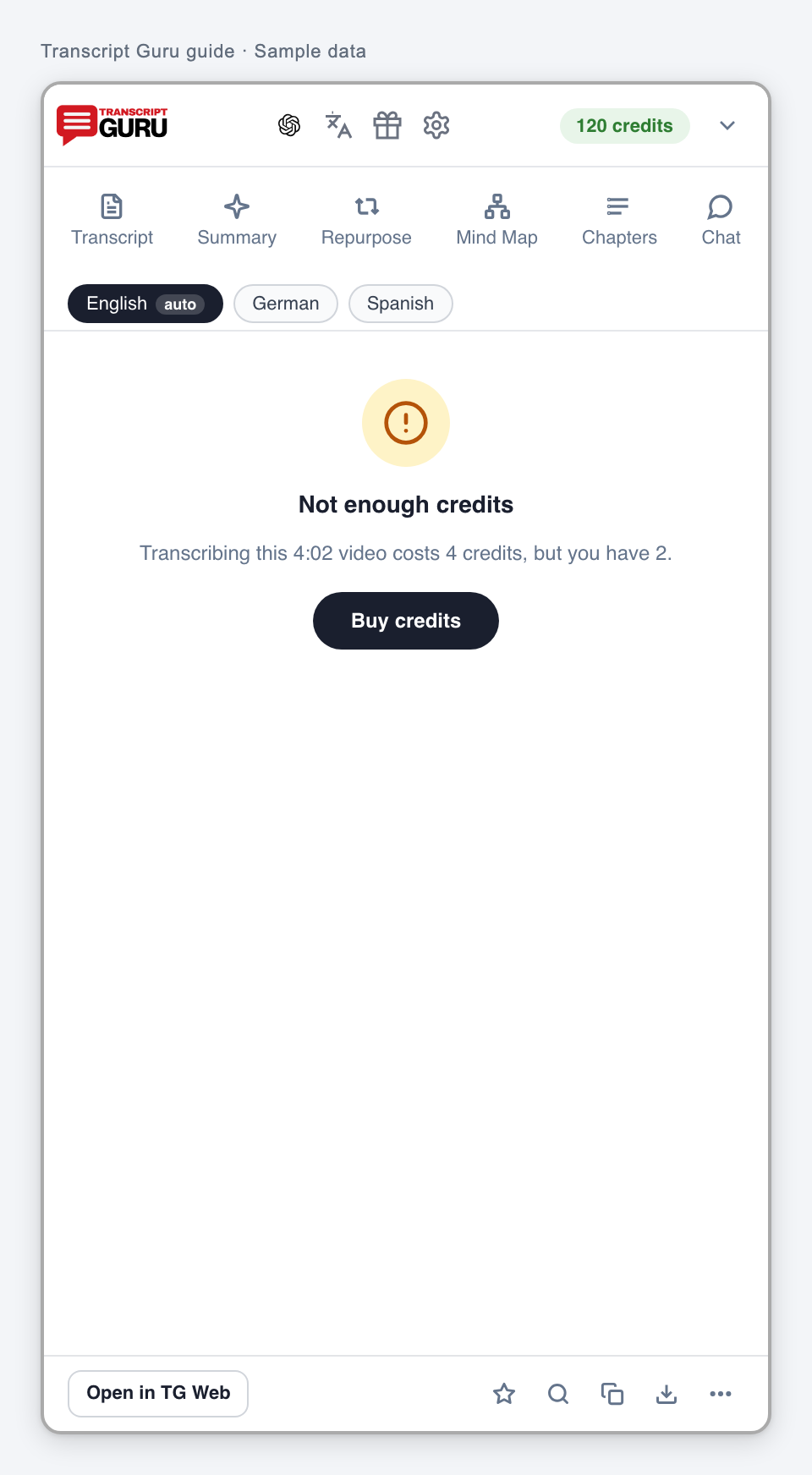 A credit balance that cannot cover the quoted work. Current extension interface using sample data.