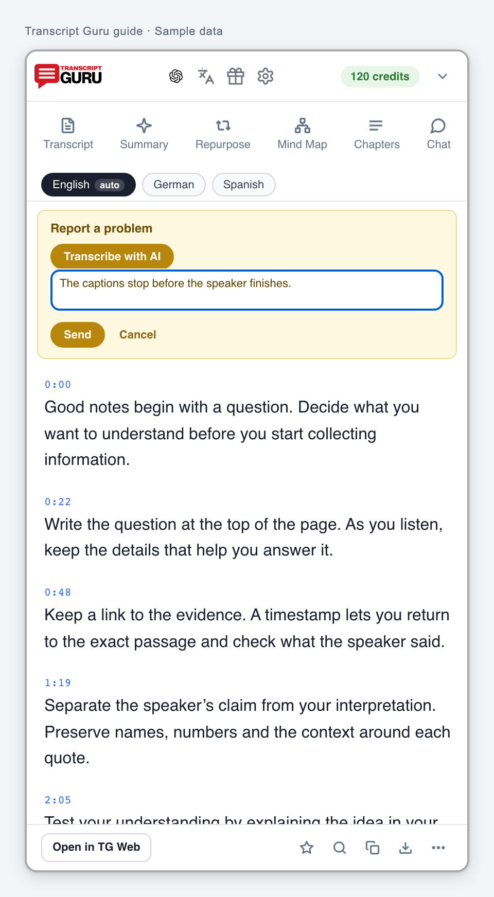 Report a problem from the panel. Current extension interface using sample data.