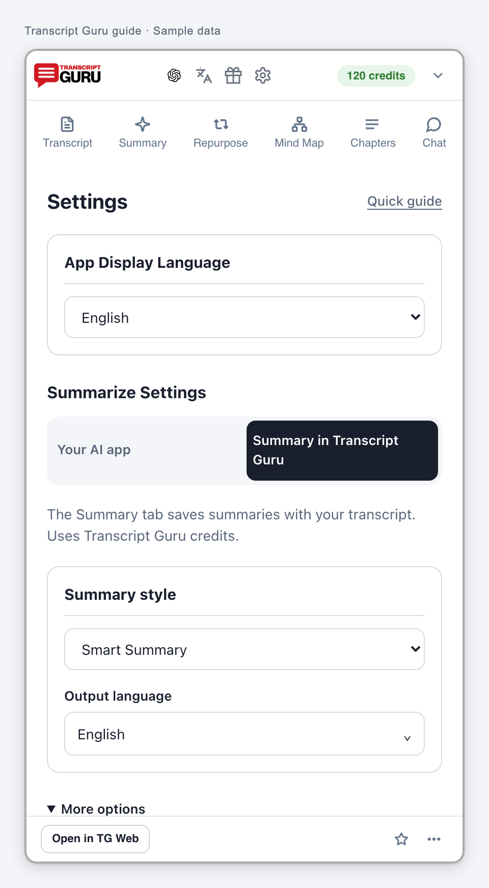 Set summary preferences. Current extension interface using sample data.