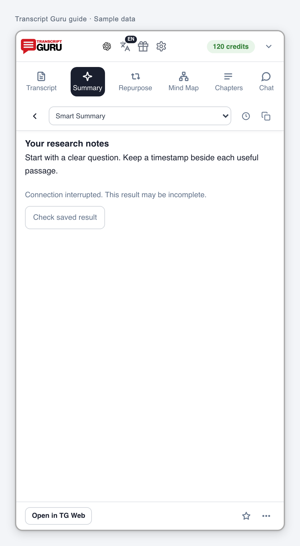 Recover an interrupted AI answer. Current extension interface using sample data.