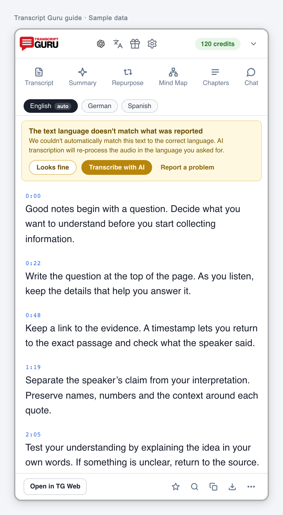 Review a language warning. Current extension interface using sample data.