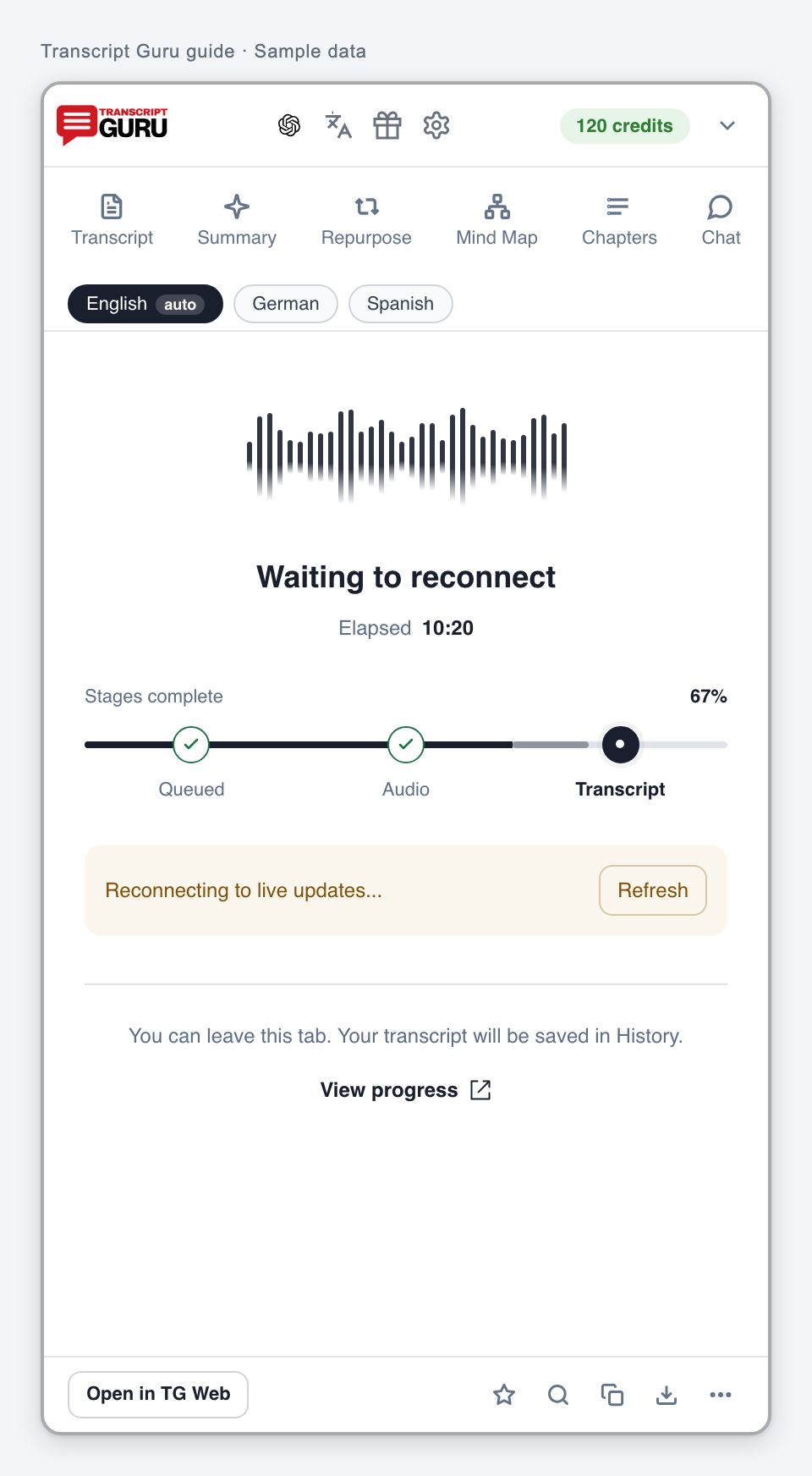 Wait for a job connection to recover. Current extension interface using sample data.