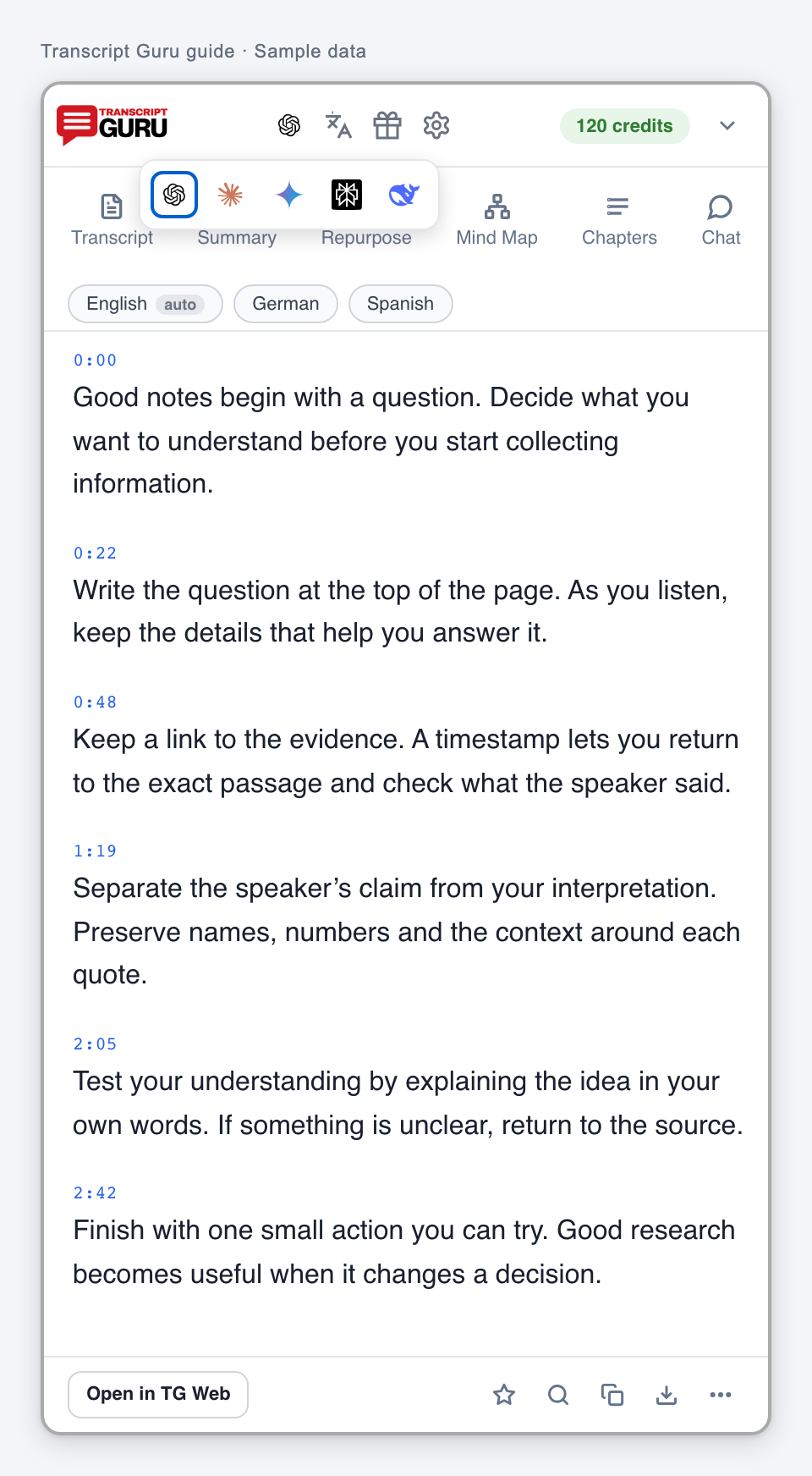 Choose an external AI app. Current extension interface using sample data.