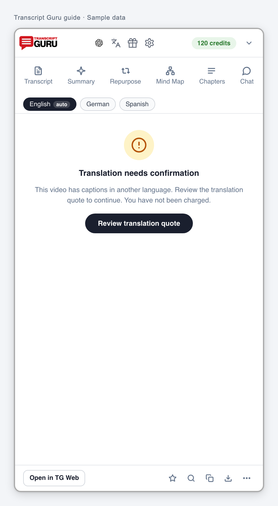 Review a translation quote. Current extension interface using sample data.