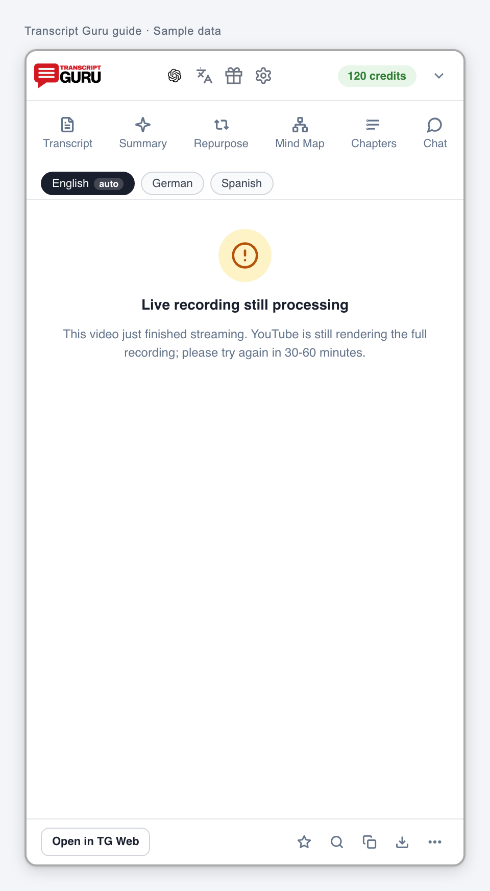 A live recording that is still processing. Current extension interface using sample data.
