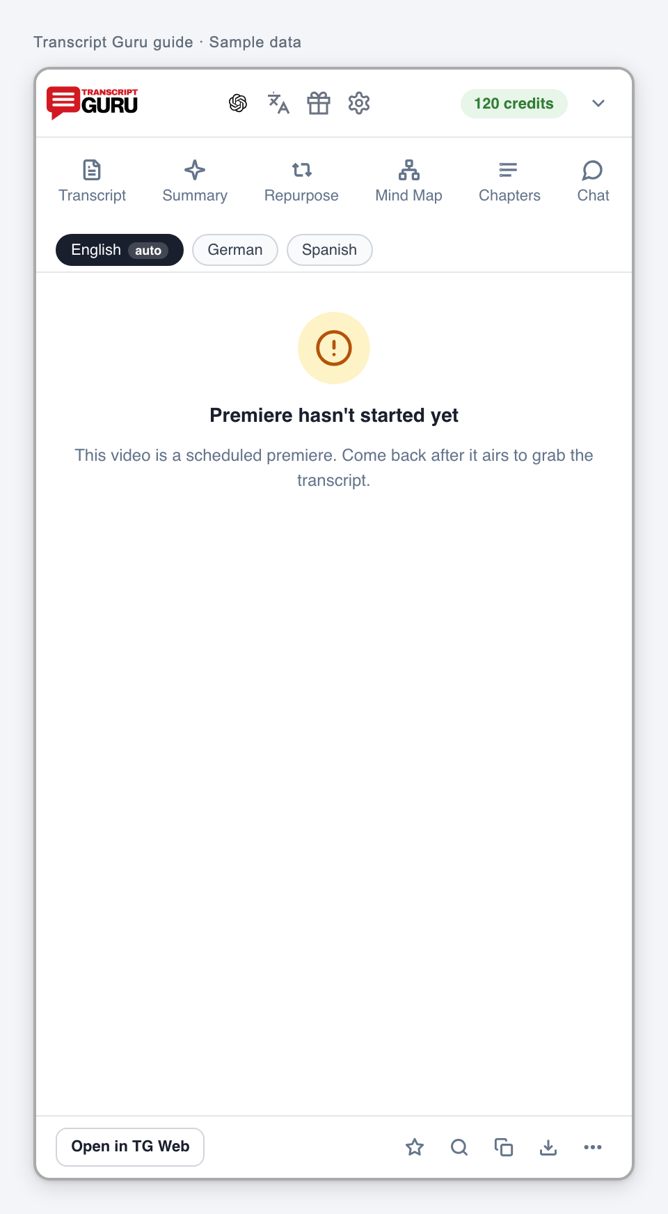 A premiere that has not started. Current extension interface using sample data.