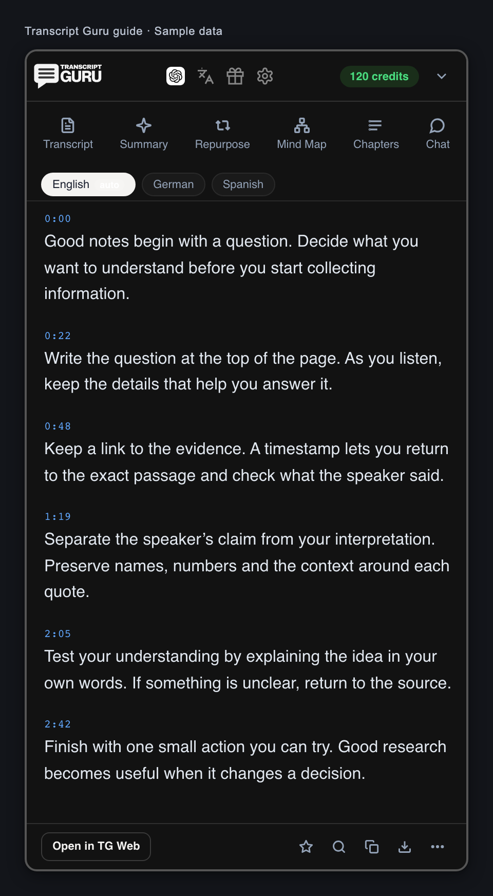 The transcript in dark mode. Current extension interface using sample data.