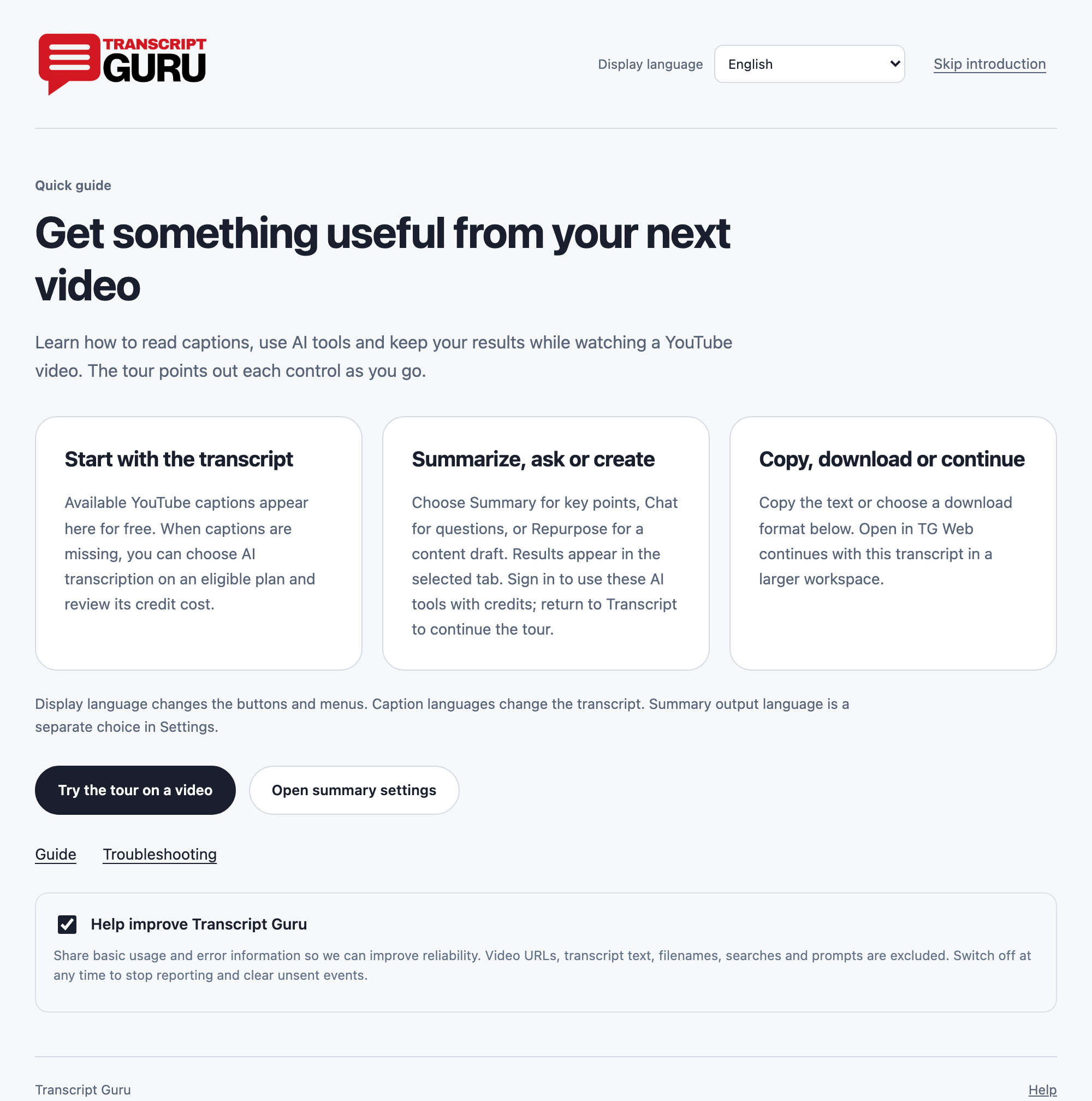 The current welcome page. Current extension interface using sample data.