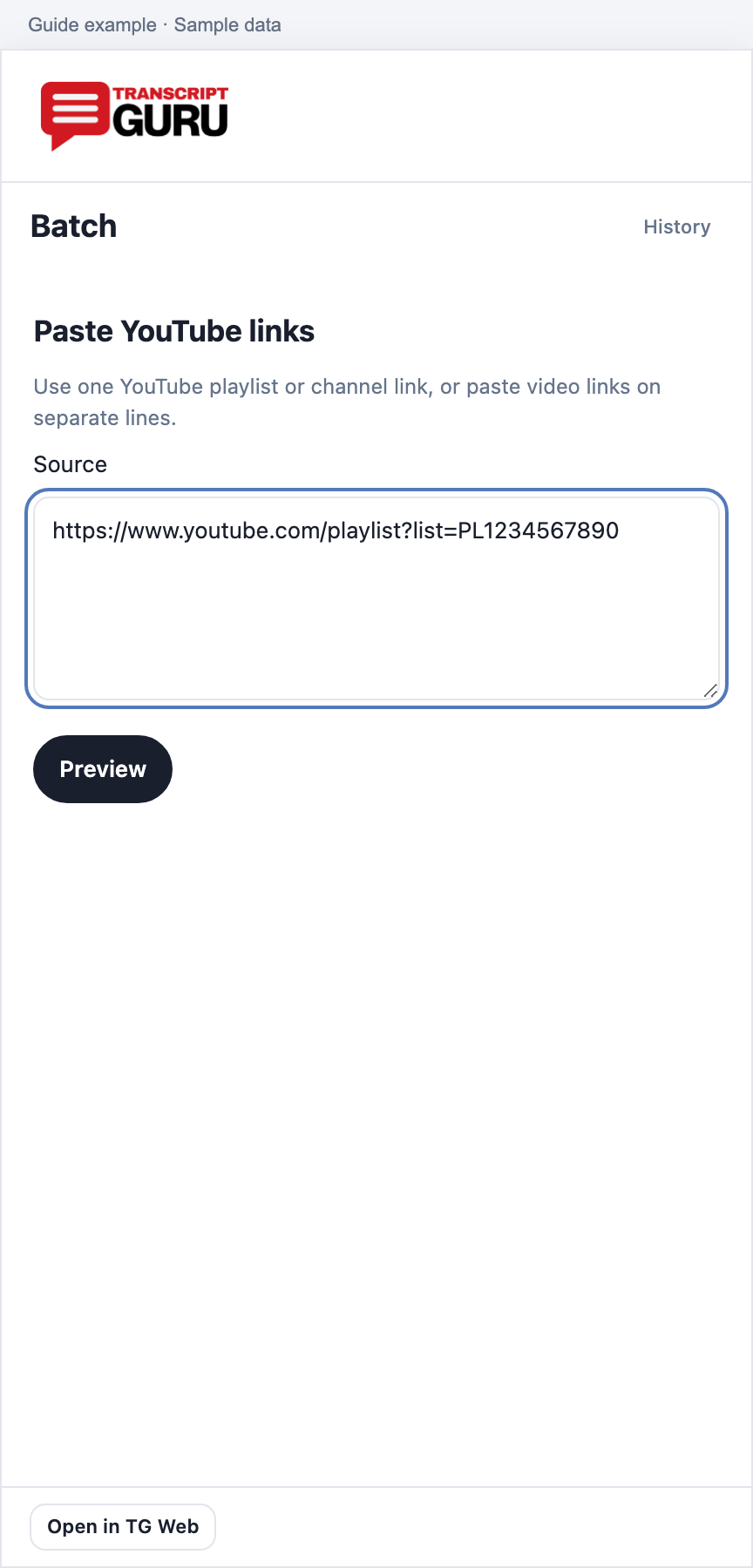 Paste a playlist, channel or individual video links. Current extension batch interface using sample data.