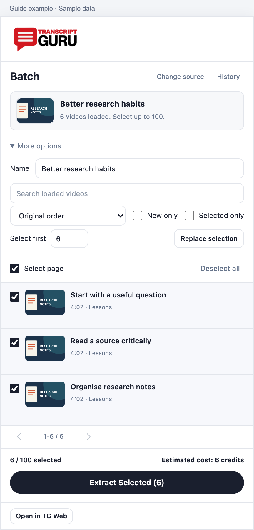 Search, sort and replace a selection. Current extension batch interface using sample data.