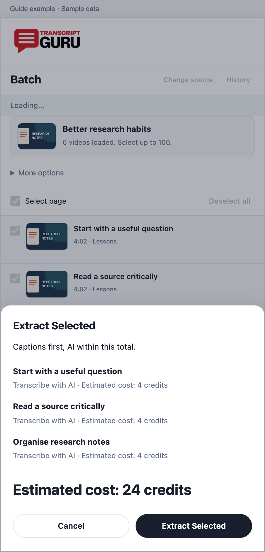 Confirm a batch quote that includes AI transcription. Current extension batch interface using sample data.