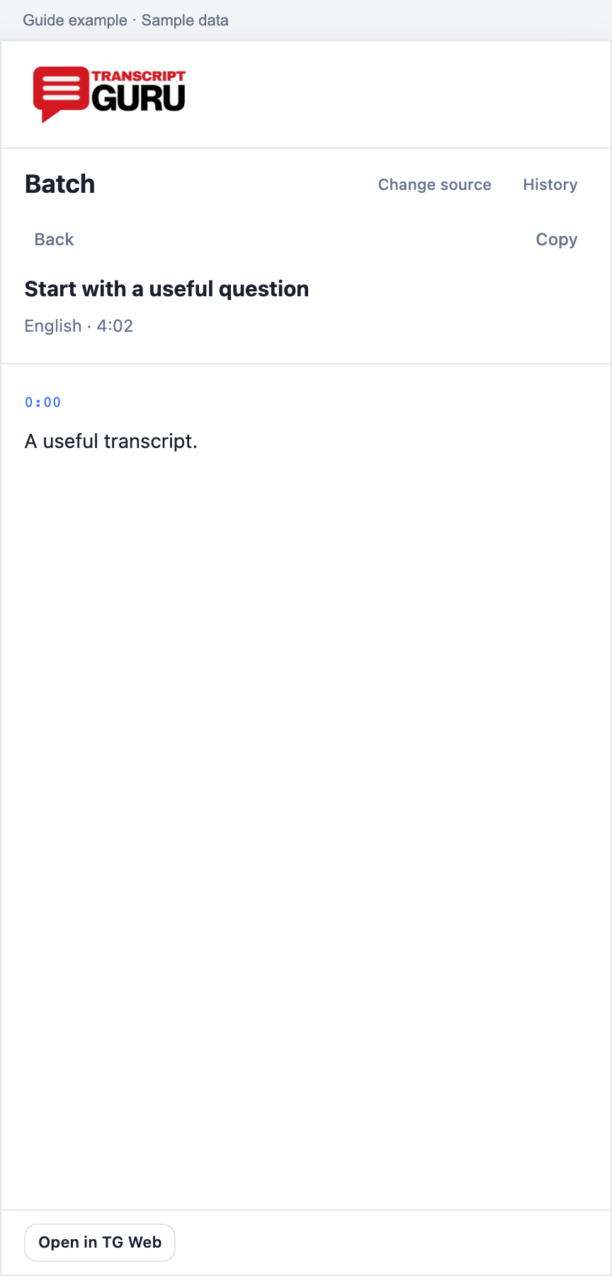 Read a completed transcript within the batch. Current extension batch interface using sample data.