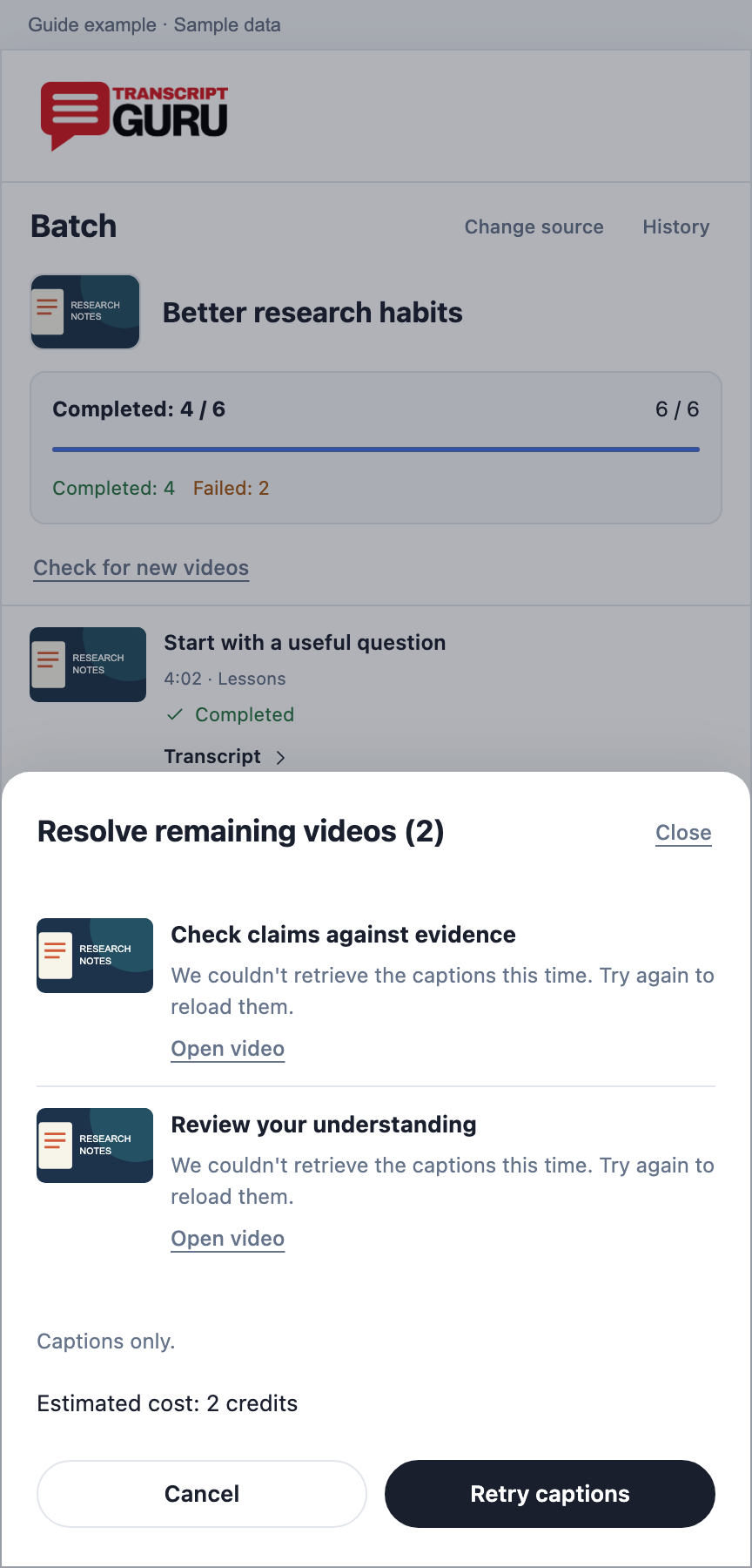 Retry the remaining caption items. Current extension batch interface using sample data.