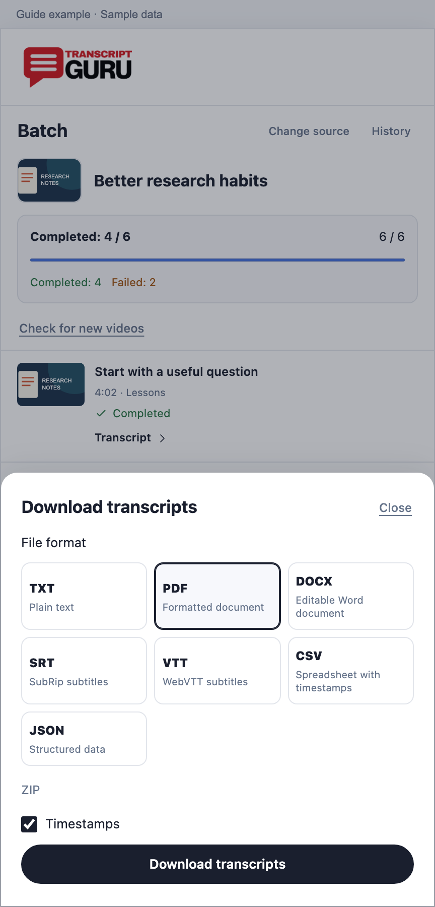 Choose the format for a batch archive. Current extension batch interface using sample data.