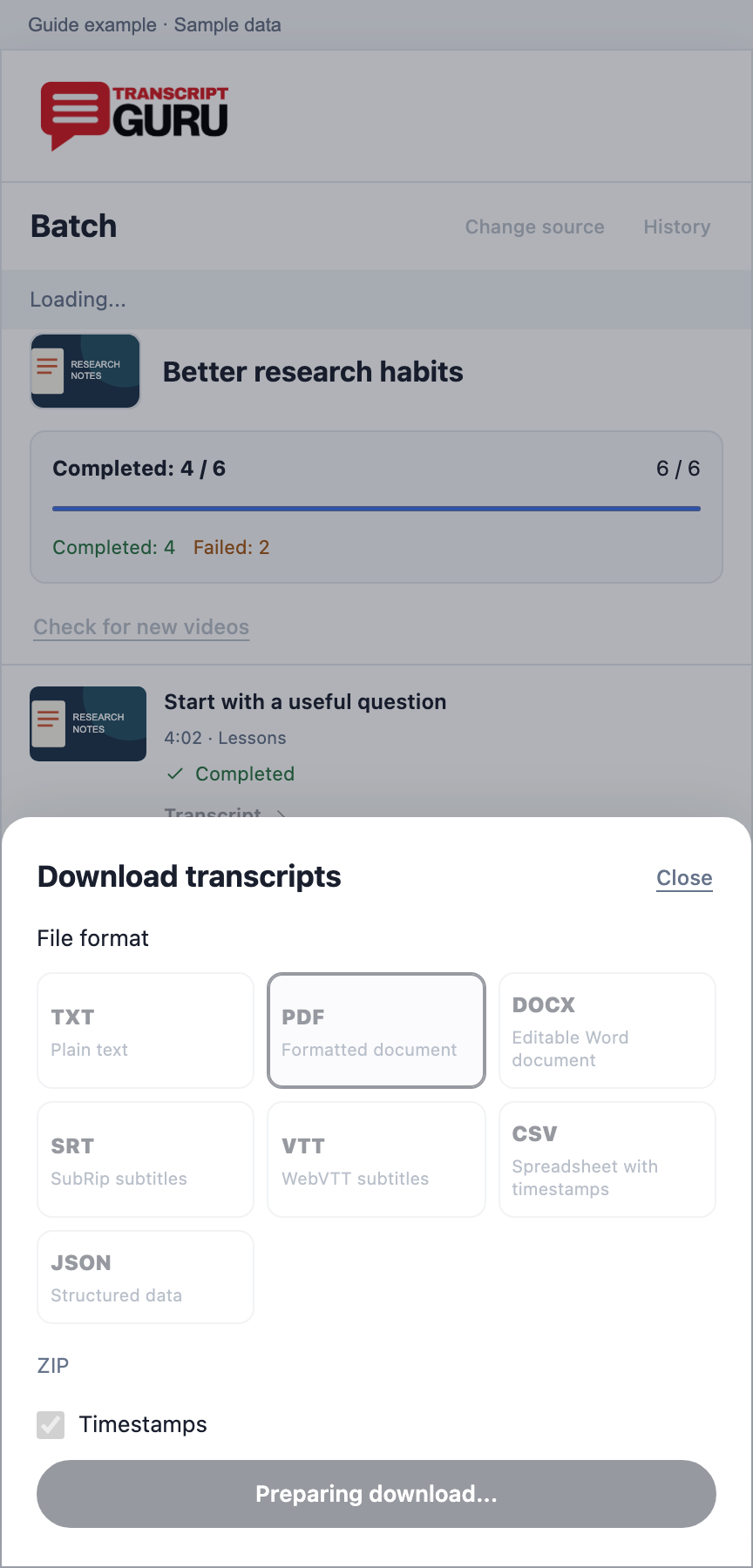 Wait while your batch download is prepared. Current extension batch interface using sample data.