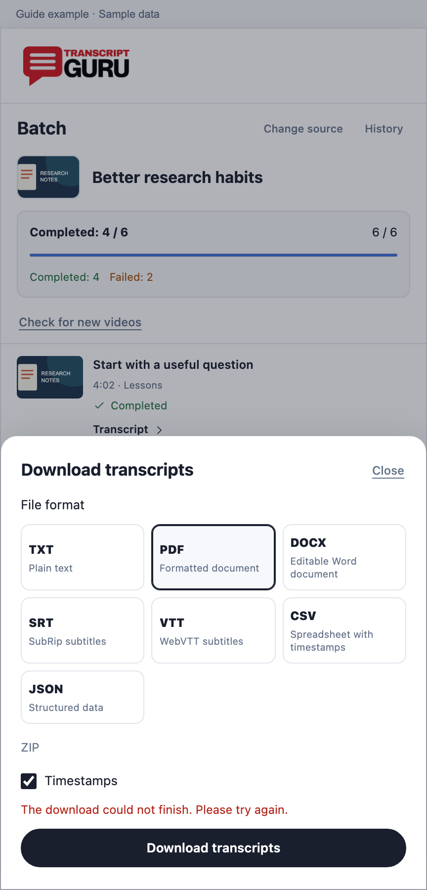 A batch download error stays visible in the download dialog. Current extension batch interface using sample data.