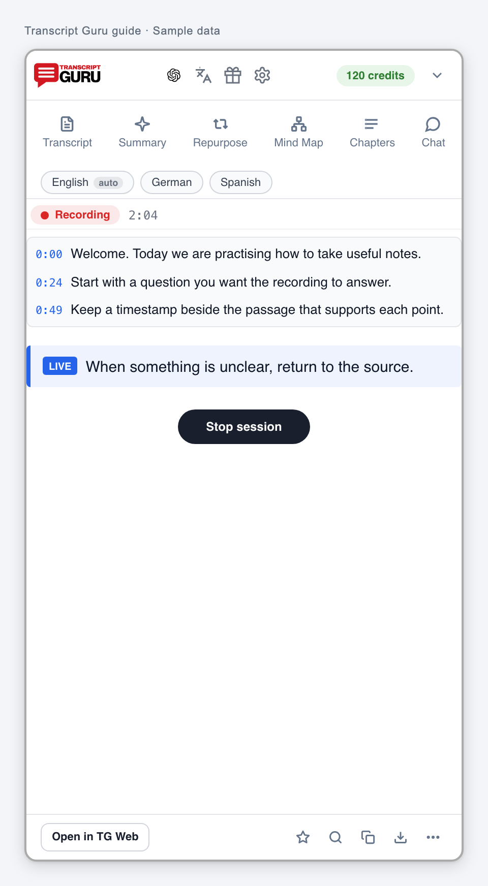 Capture captions from a live broadcast. Current extension interface using sample data.