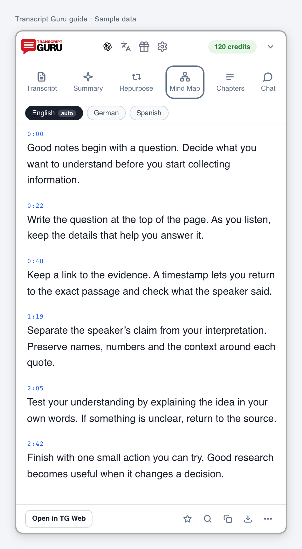 Open Mind Map in the web workspace. Current extension interface using sample data.