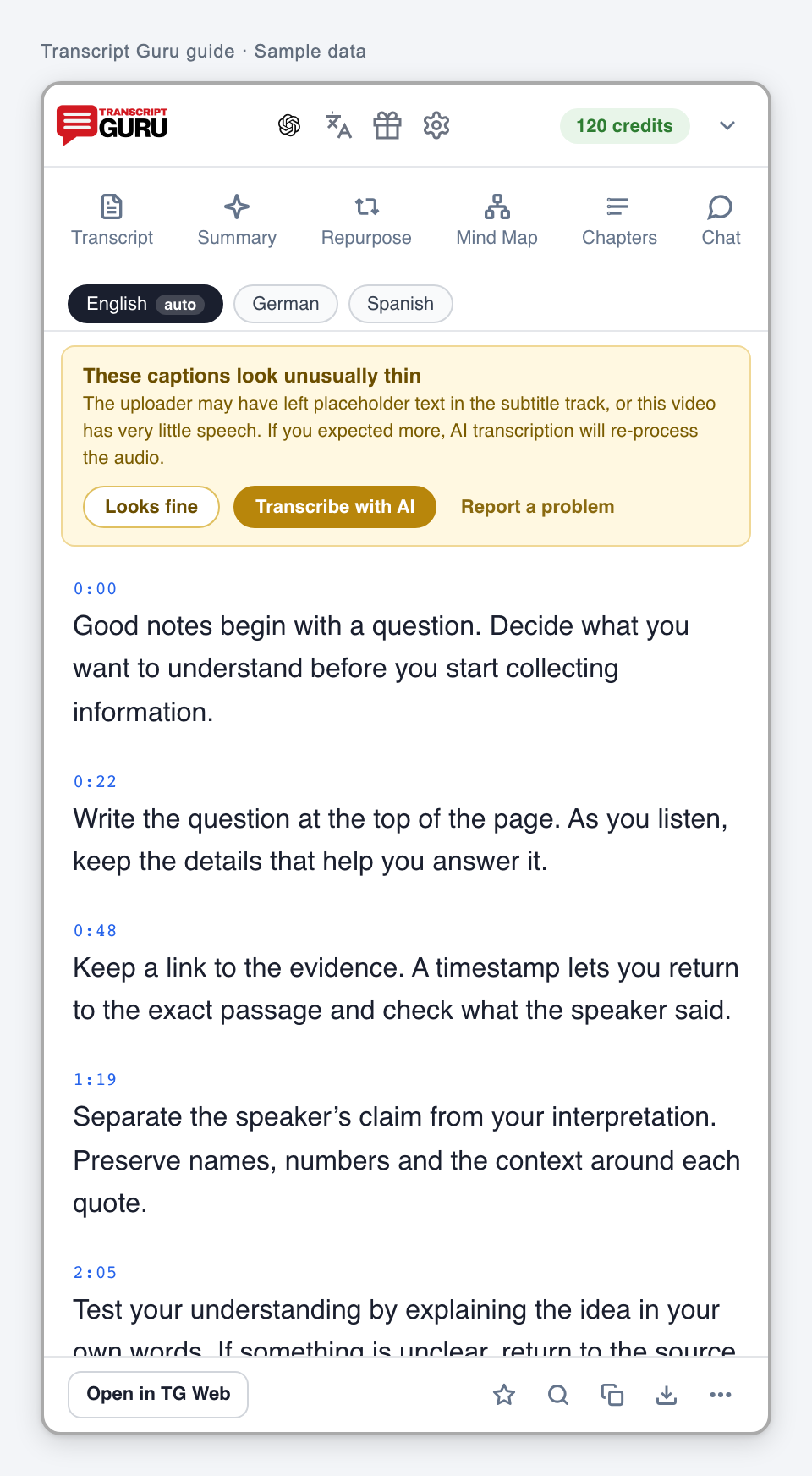 Review an unusually short transcript. Current extension interface using sample data.