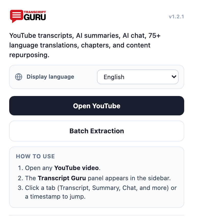 Open YouTube or start a batch from the browser toolbar. Current extension interface using sample data.